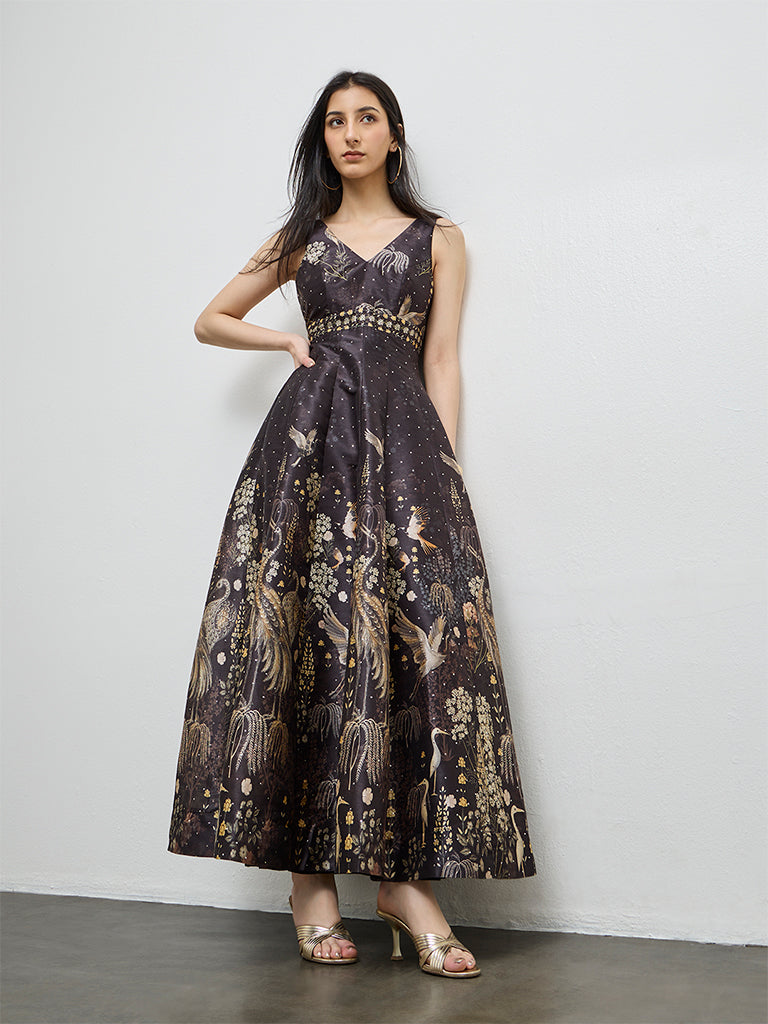 Vark Black Printed A-Line Dress