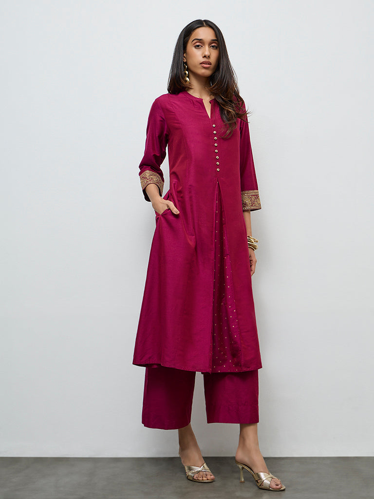 Utsa Maroon Badla Printed A-Line Kurta