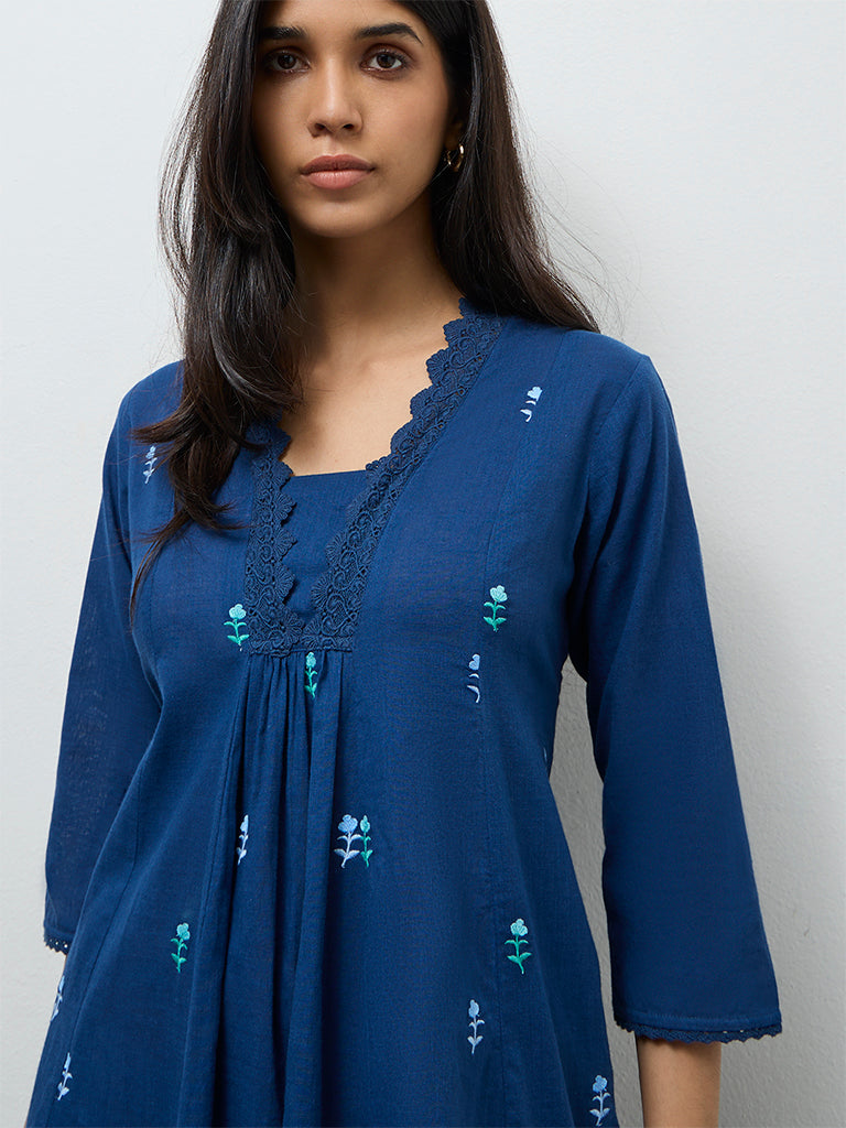 Utsa Indigo Floral Embroidered Cotton A-Line Kurta