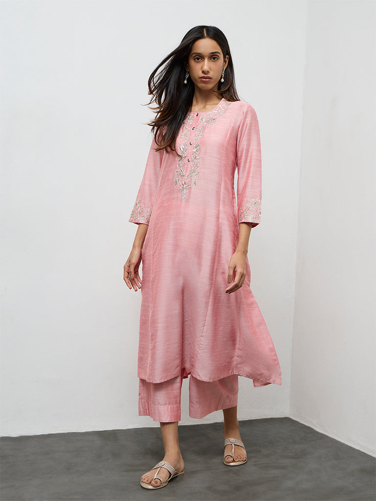 Utsa Pink Floral Embroidered A-Line Kurta