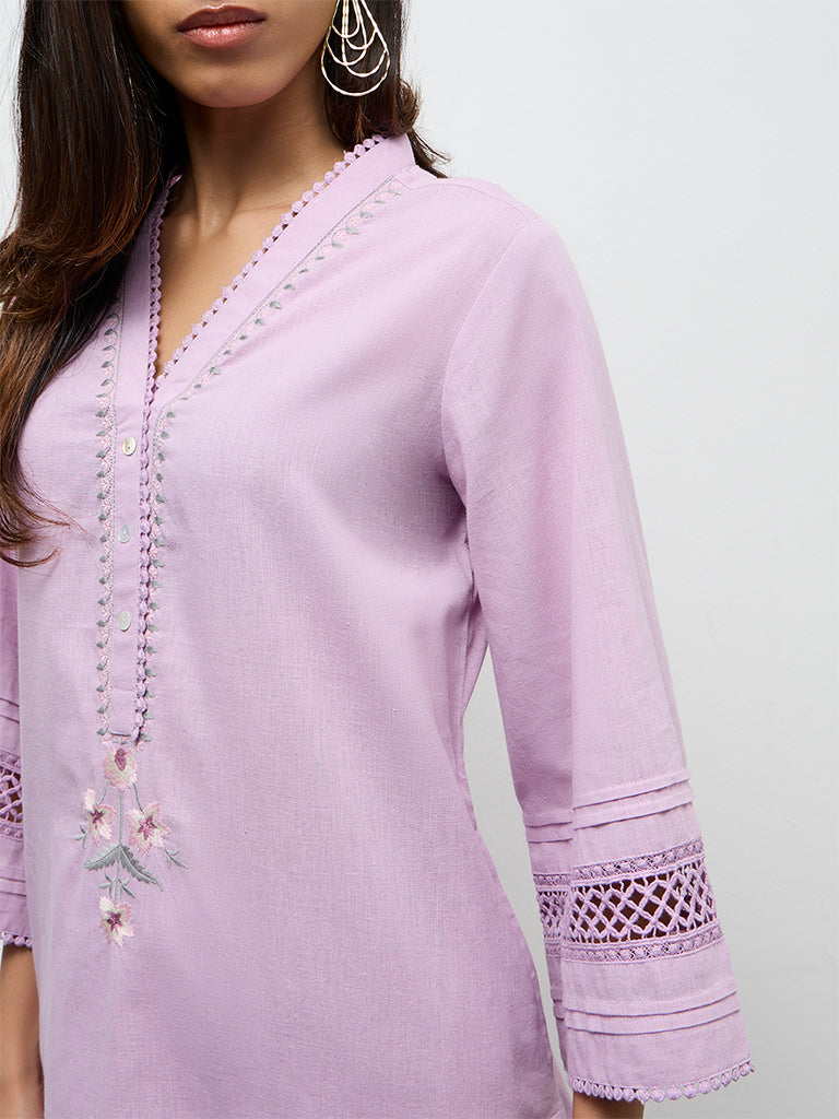 Utsa Lilac Embroidered Cotton-Blend A-Line Kurta