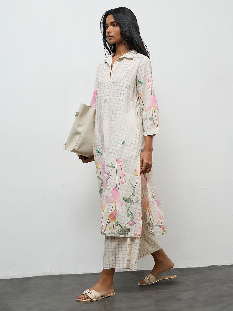 Utsa Off-White Floral Printed A-Line Kurta