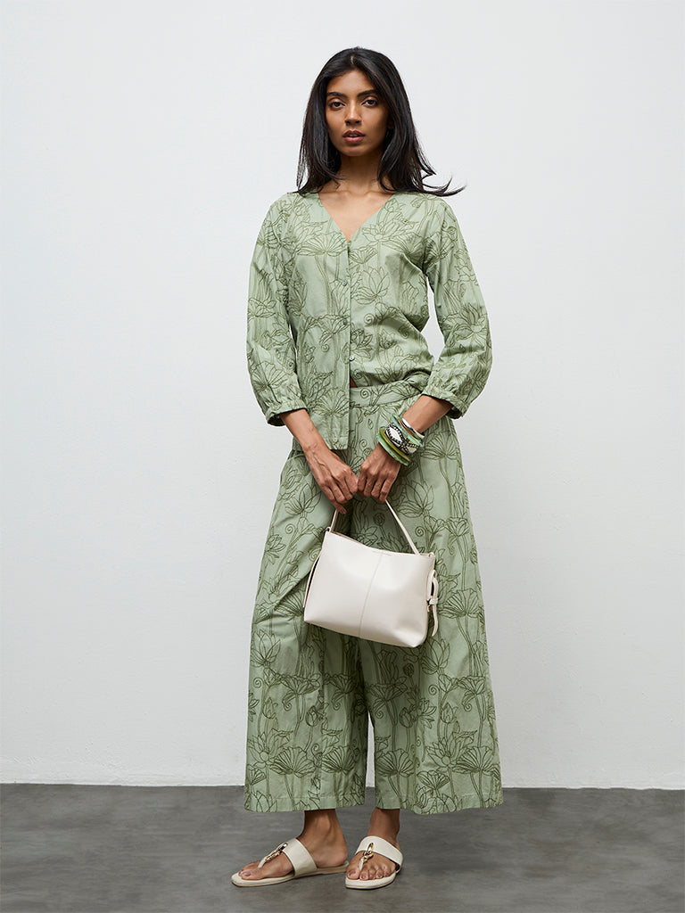 Utsa Sage Floral Embroidered Cotton Tunic