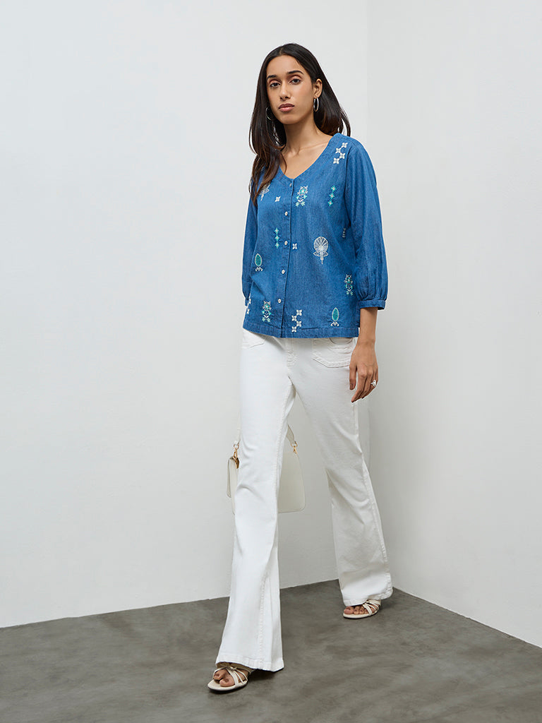 Utsa Blue Embroidered Denim Tunic