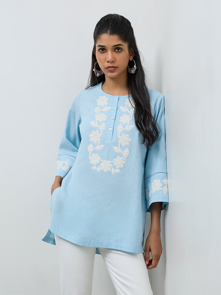 Utsa Blue Floral Embroidered Cotton-Blend Tunic