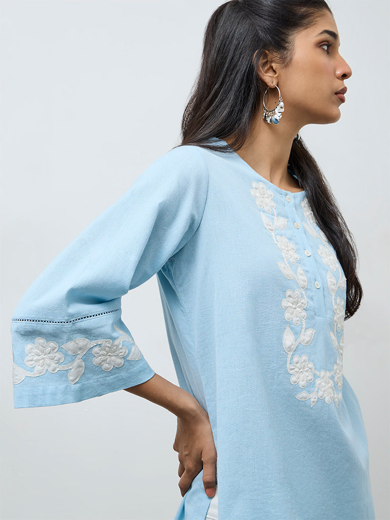 Utsa Blue Floral Embroidered Cotton-Blend Tunic