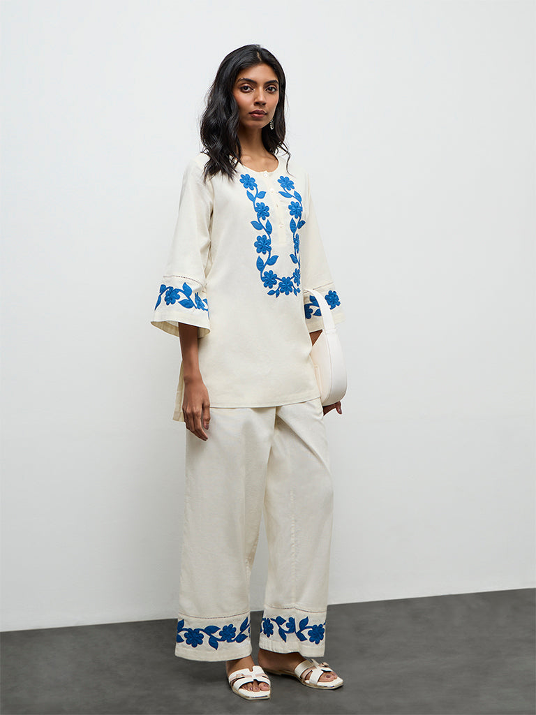 Utsa Off-White Floral Embroidered Cotton-Blend Tunic