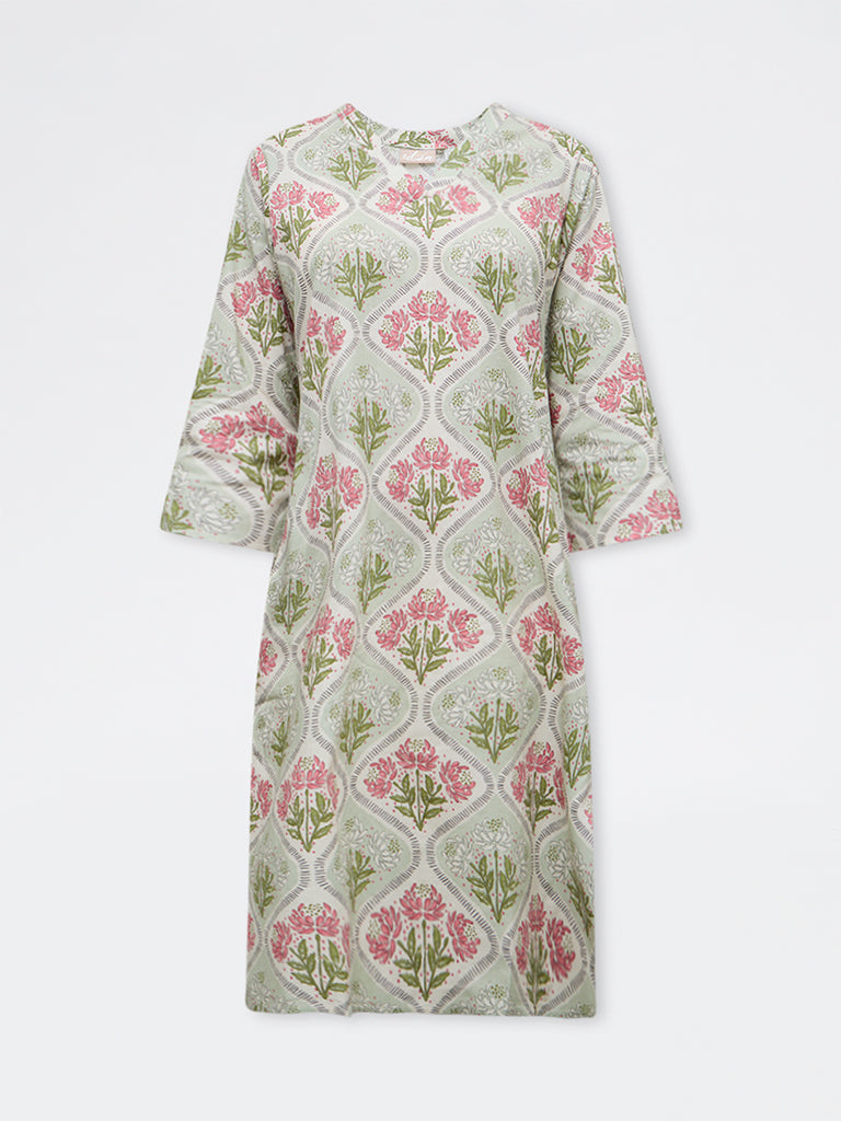 Utsa Green Floral Printed Cotton Straight Kurta