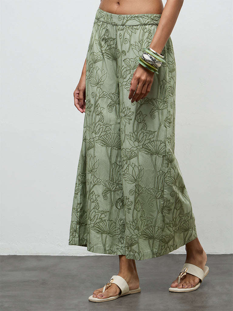Utsa Sage Floral Embroidered Cotton Pants