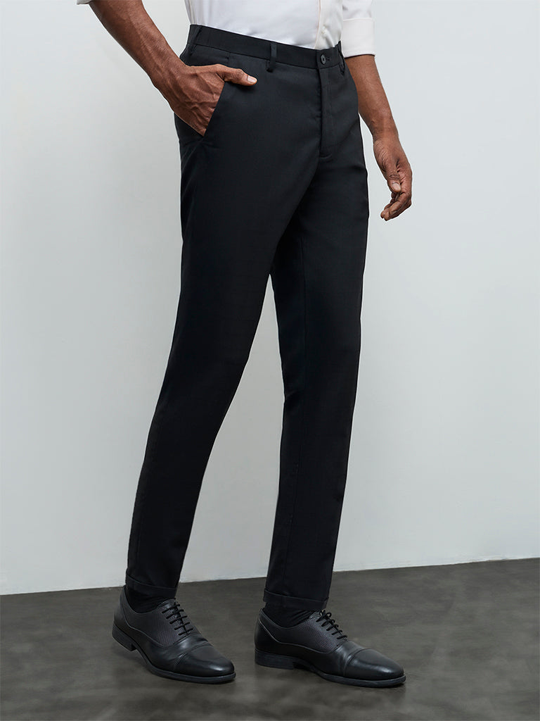 WES Formals Black Slim-Fit Mid-Rise Trousers