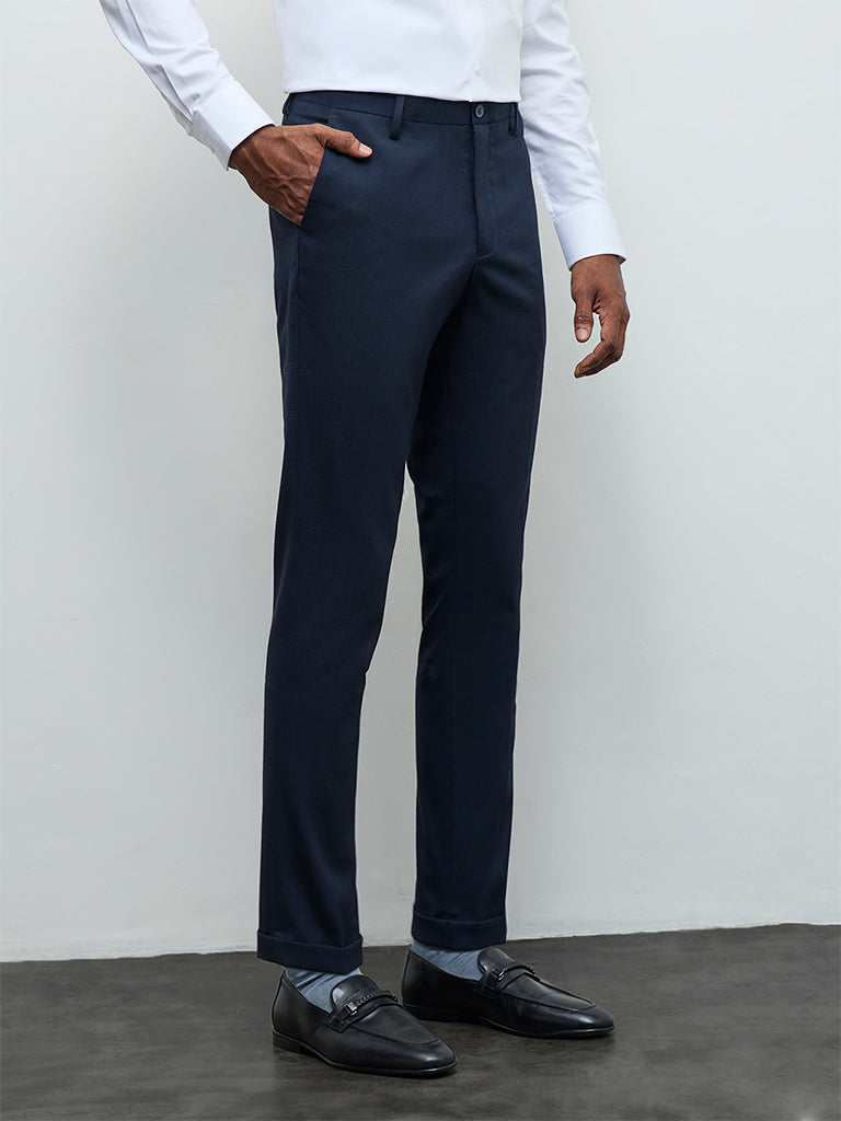 WES Formals Navy Slim-Fit Mid-Rise Trousers