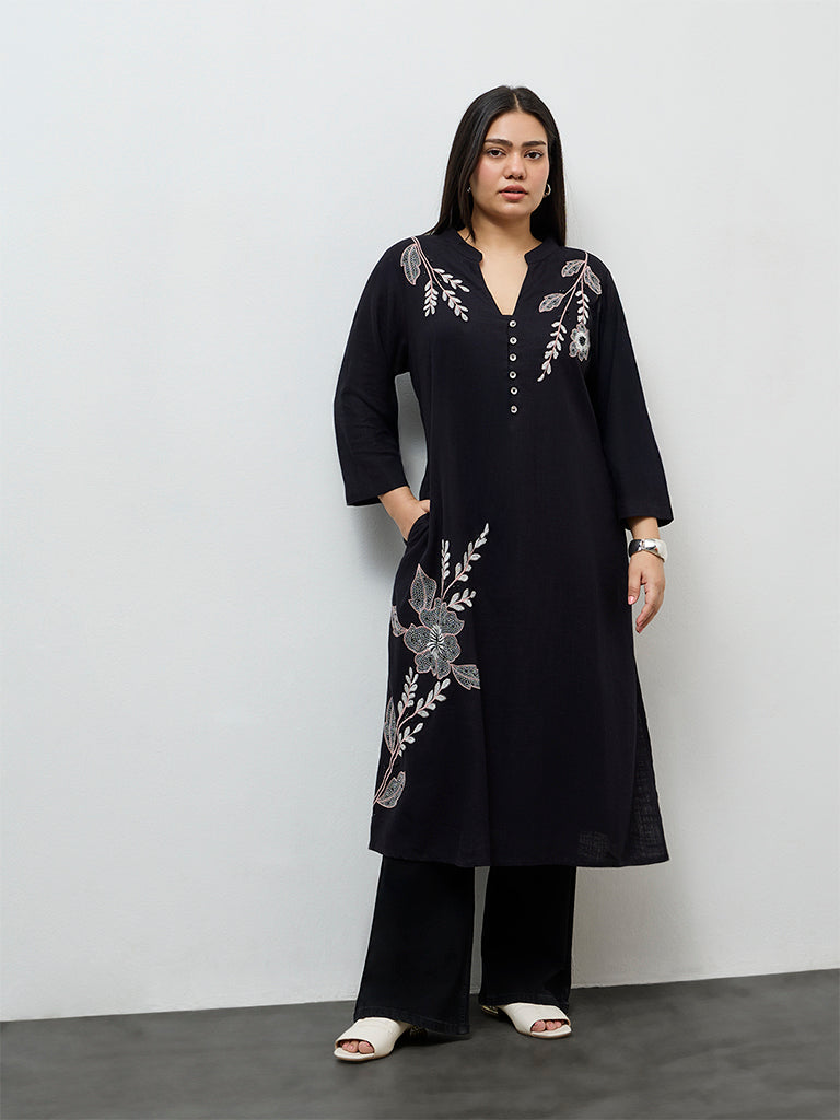 Diza Black Floral Embroidered A-Line Kurta