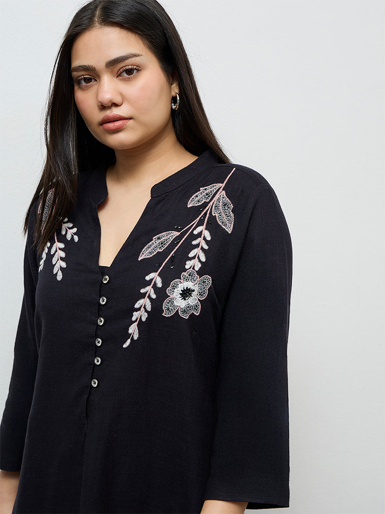 Diza Black Floral Embroidered A-Line Kurta
