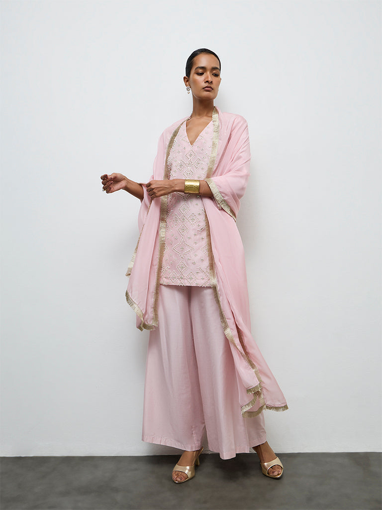 Vark Light Pink Embellished Cotton-Blend Ethnic Set