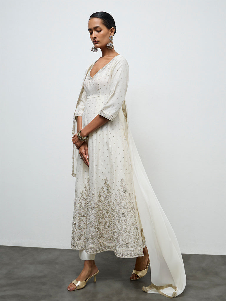Vark Ivory Embellished Ethnic Cotton-Blend Anarkali Set