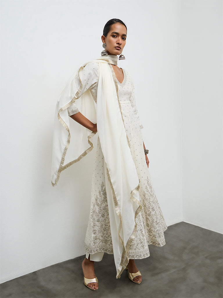 Vark Ivory Embellished Ethnic Cotton-Blend Anarkali Set