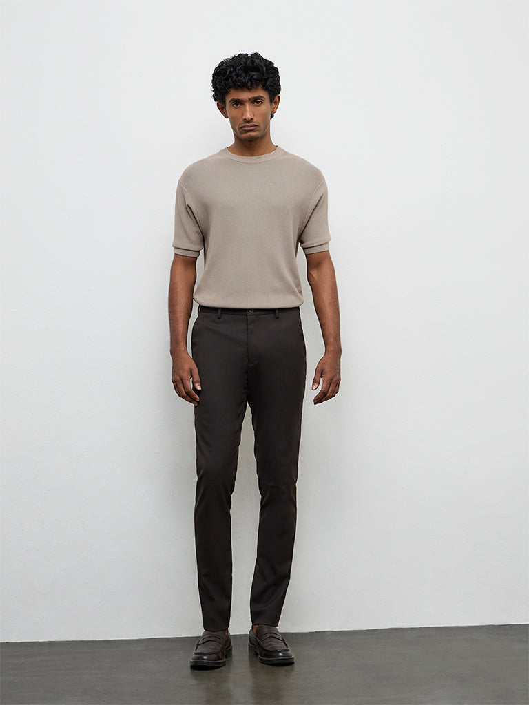 WES Formals Dark Brown Ultra Slim-Fit Mid-Rise Trousers