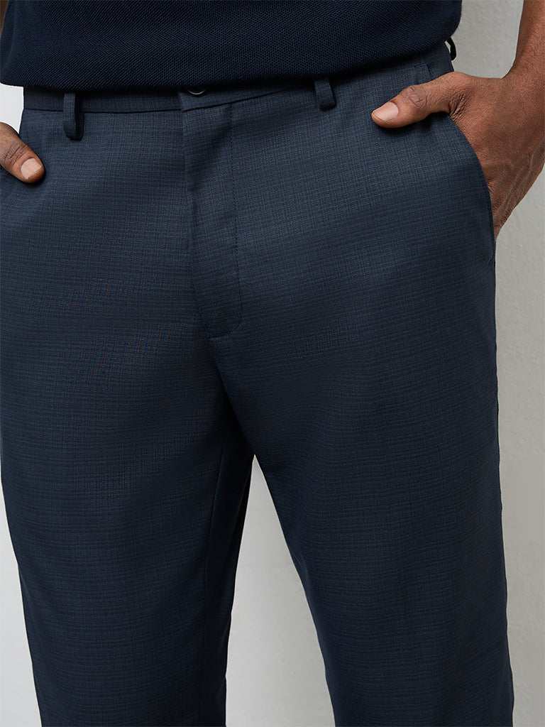 WES Formals Navy Solid Ultra Slim-Fit Mid-Rise Trousers