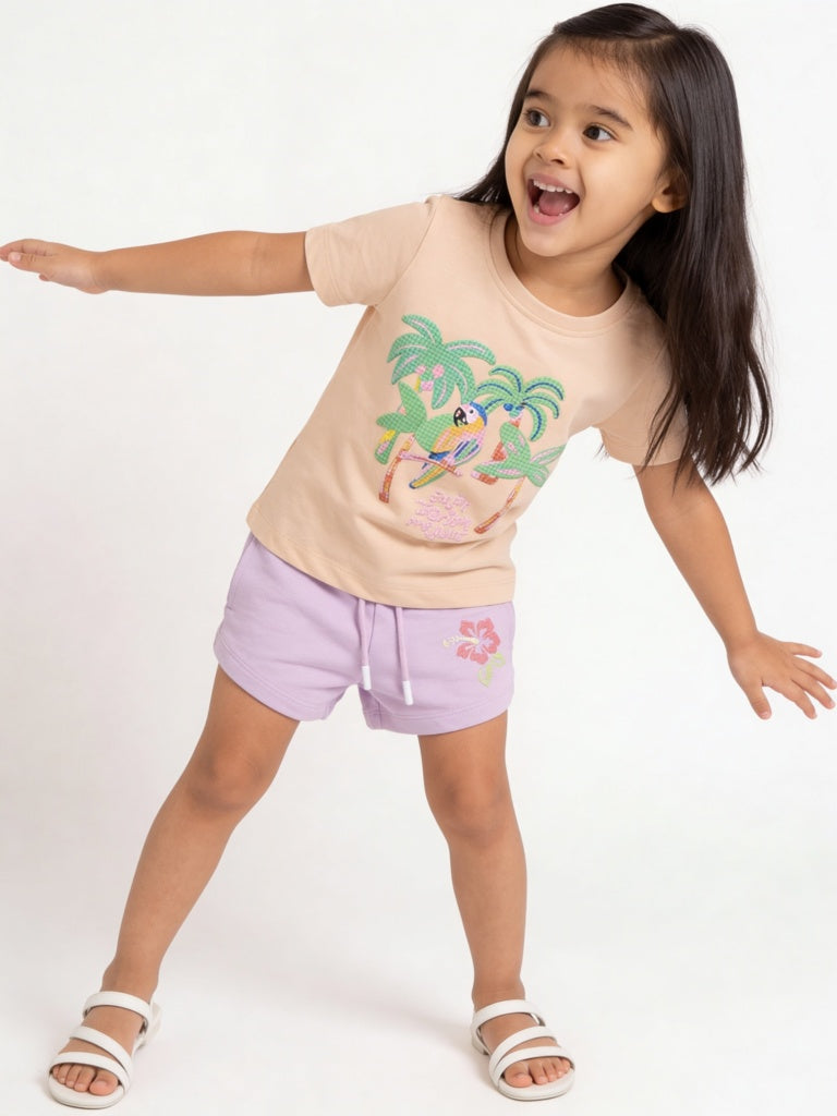 HOP Kids Girls Lilac Floral Design High-Rise Cotton Shorts