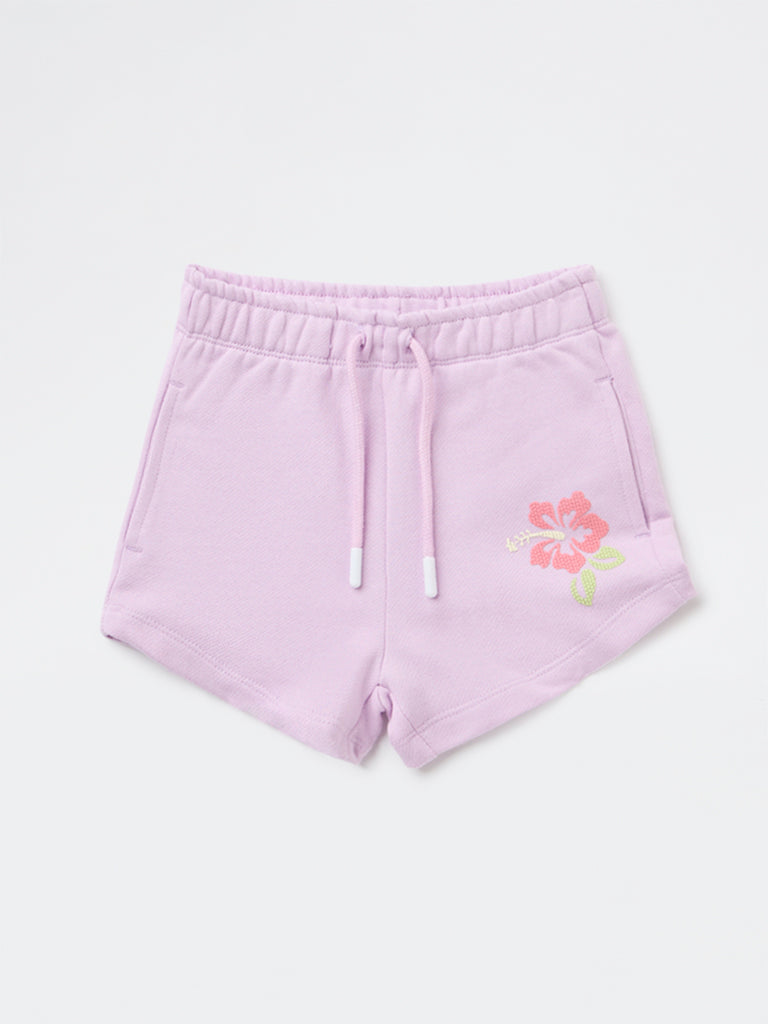 HOP Kids Girls Lilac Floral Design High-Rise Cotton Shorts