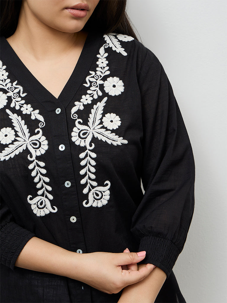 Diza Black Floral Embroidered Cotton A-Line Tunic