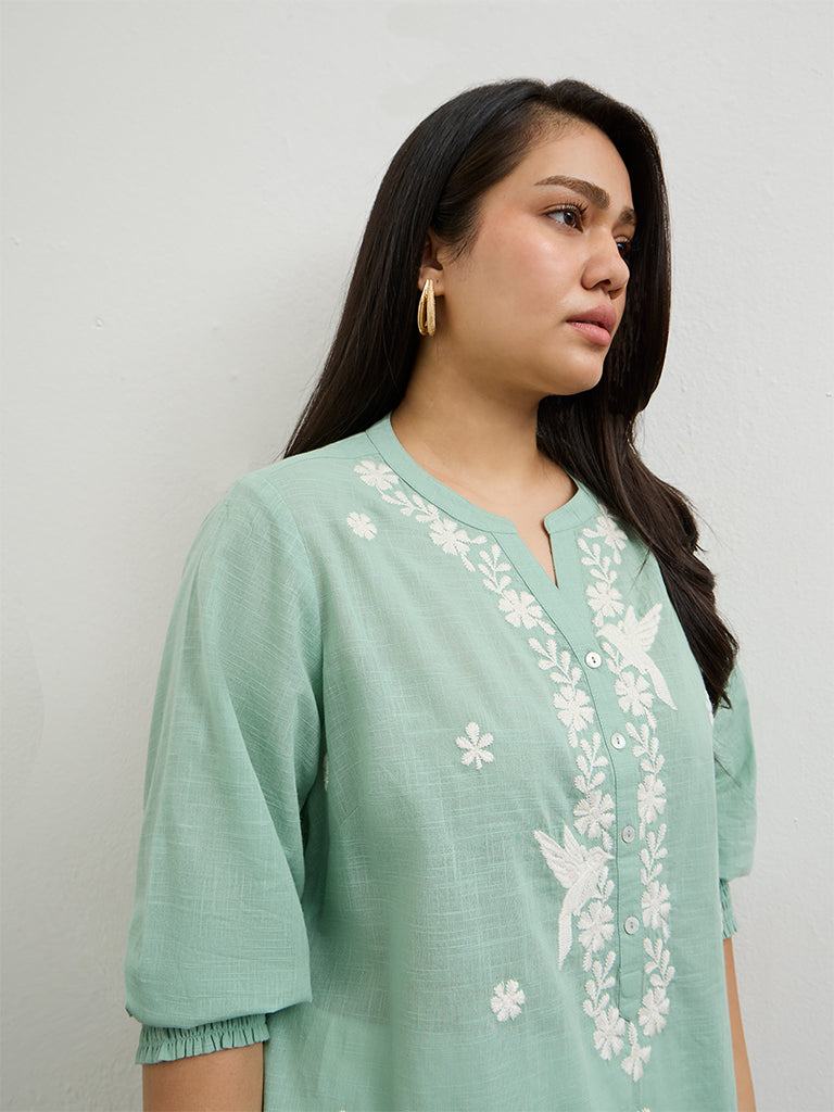 Diza Turquoise Embroidered Cotton Tunic