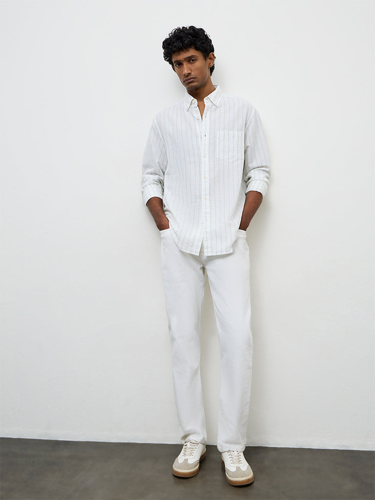 WES Casuals White Pinstriped Relaxed-Fit Cotton-Blend Shirt