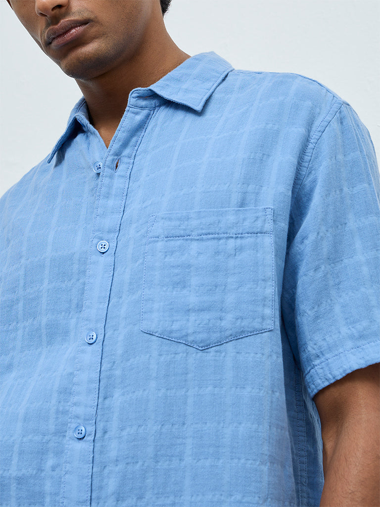 WES Casuals Blue Self-Textured Relaxed-Fit Cotton Shirt