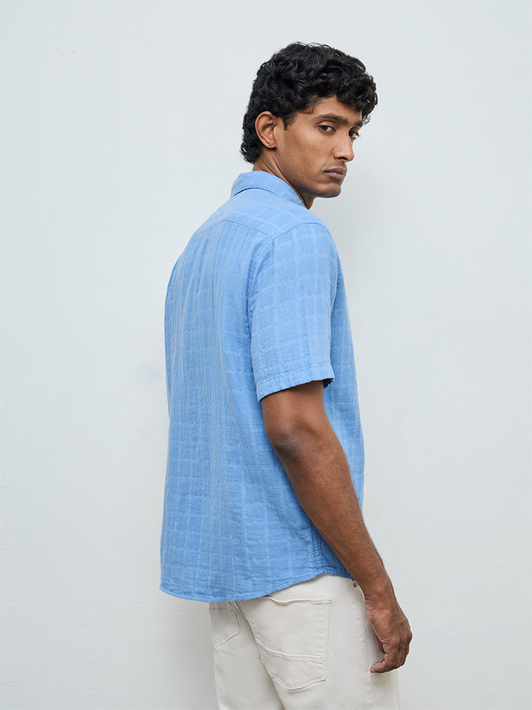 WES Casuals Blue Self-Textured Relaxed-Fit Cotton Shirt