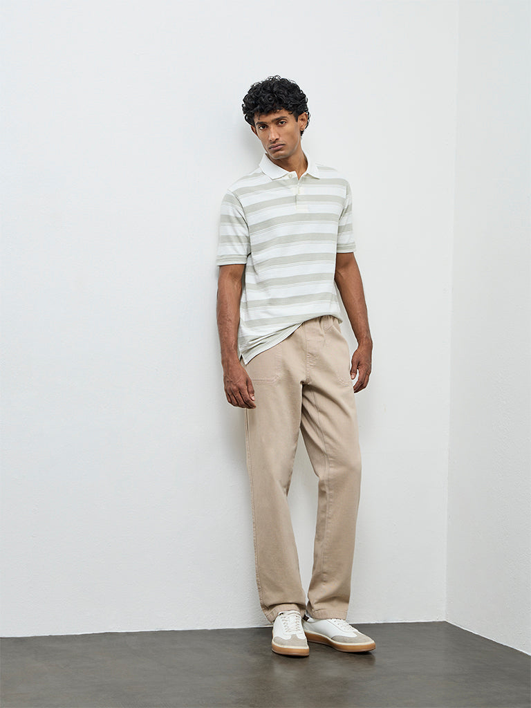 WES Casuals Off-White Striped Relaxed Fit Cotton-Blend Polo T-Shirt