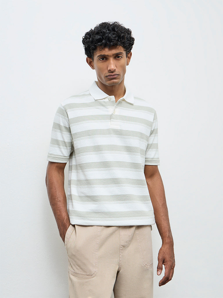 WES Casuals Off-White Striped Relaxed Fit Cotton-Blend Polo T-Shirt