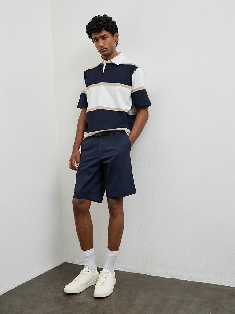 WES Casuals Navy Striped Relaxed Fit Polo Cotton-Blend T-Shirt