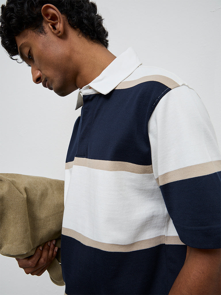WES Casuals Navy Striped Relaxed Fit Polo Cotton-Blend T-Shirt