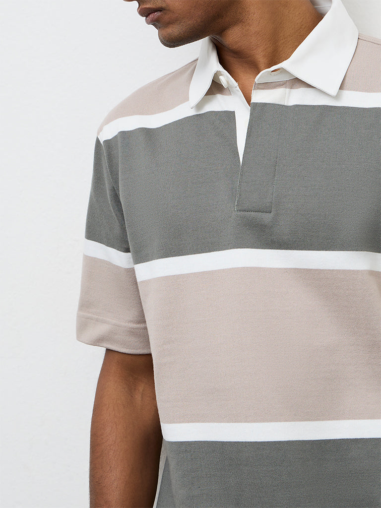WES Casuals Sage Striped Relaxed Fit Polo Cotton-Blend T-Shirt