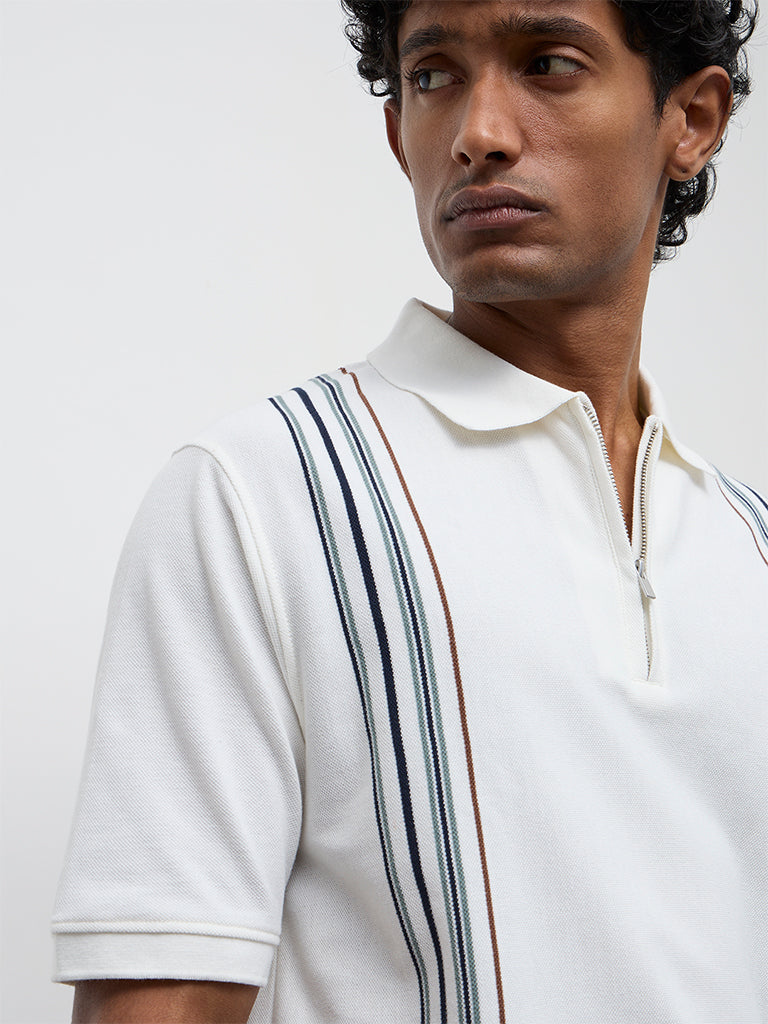 WES Casuals Off-White Striped Relaxed Fit Quarter-Zip Polo T-Shirt