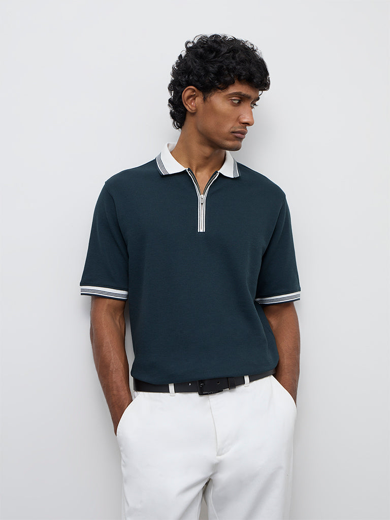 WES Casuals Teal Relaxed-Fit Textured Quarter-Zip Polo T-Shirt