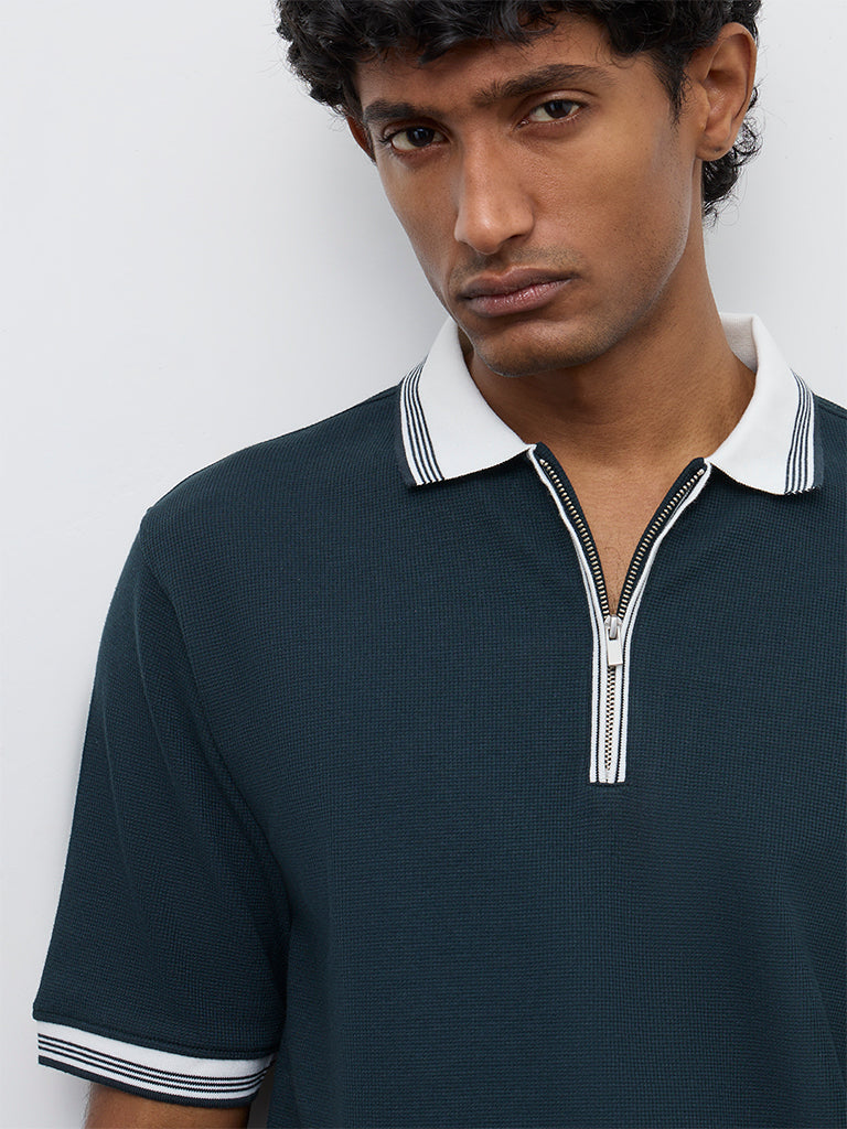 WES Casuals Teal Relaxed-Fit Textured Quarter-Zip Polo T-Shirt