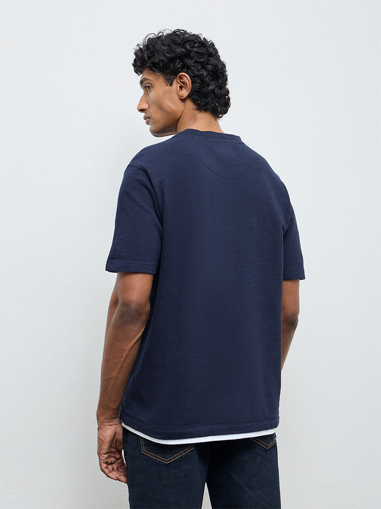 WES Casuals Navy Textured Relaxed Fit Cotton T-Shirt