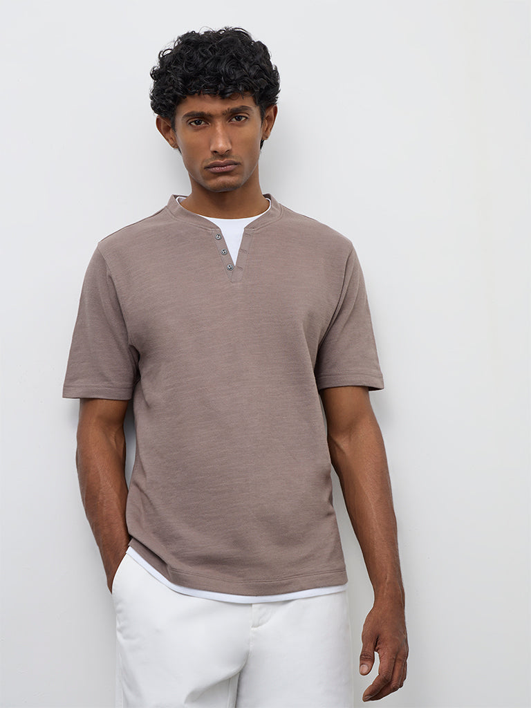 WES Casuals Taupe Relaxed-Fit Textured Cotton T-Shirt