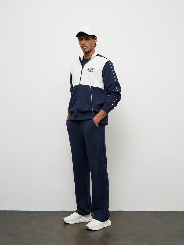 Nuoflexx Navy Colour-Blocked Relaxed Fit Cotton-Blend Jacket