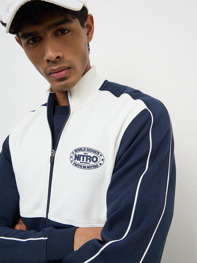 Nuoflexx Navy Colour-Blocked Relaxed Fit Cotton-Blend Jacket