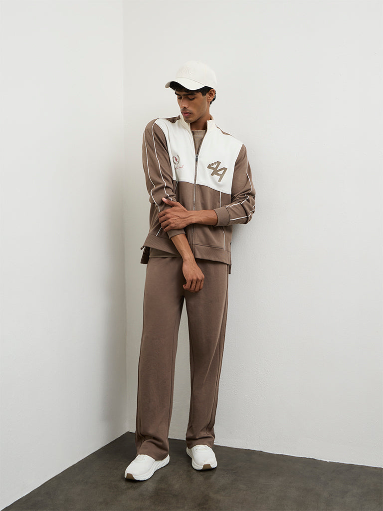 Nuoflexx Taupe Colour-Blocked Relaxed Fit Cotton-Blend Jacket