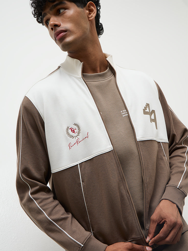 Nuoflexx Taupe Colour-Blocked Relaxed Fit Cotton-Blend Jacket