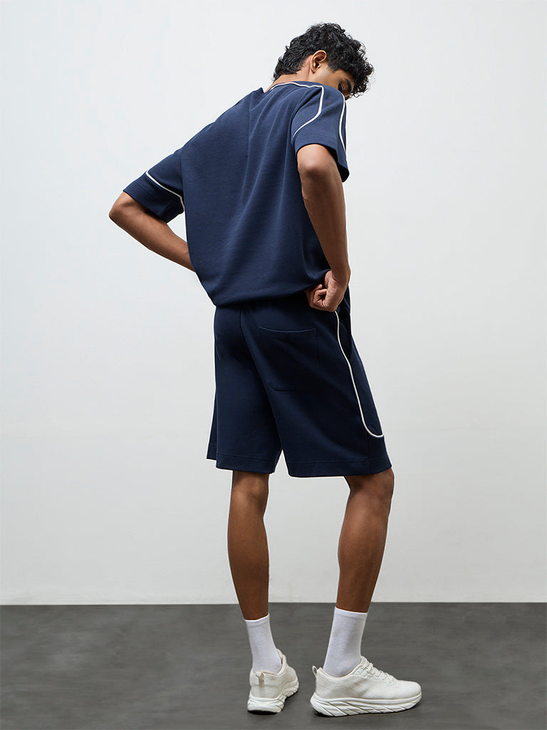 Nuoflexx Navy Text-Detailed Relaxed-Fit Mid-Rise Shorts