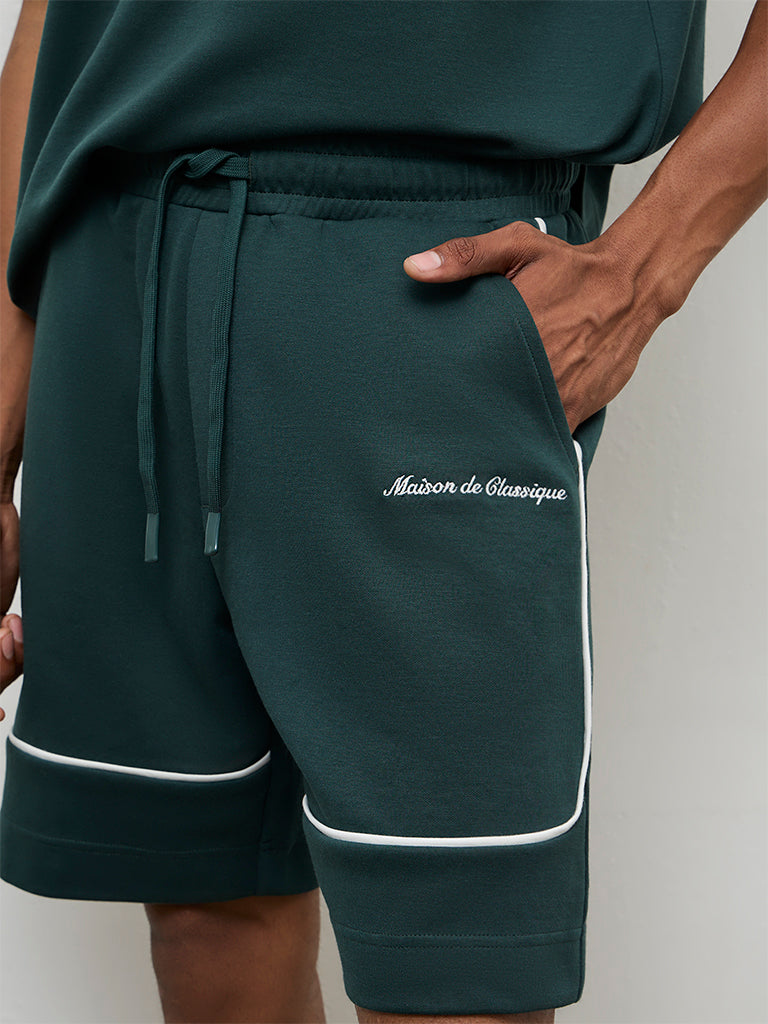 Nuoflexx Green Text-Printed Relaxed Fit Mid-Rise Cotton-Blend Shorts