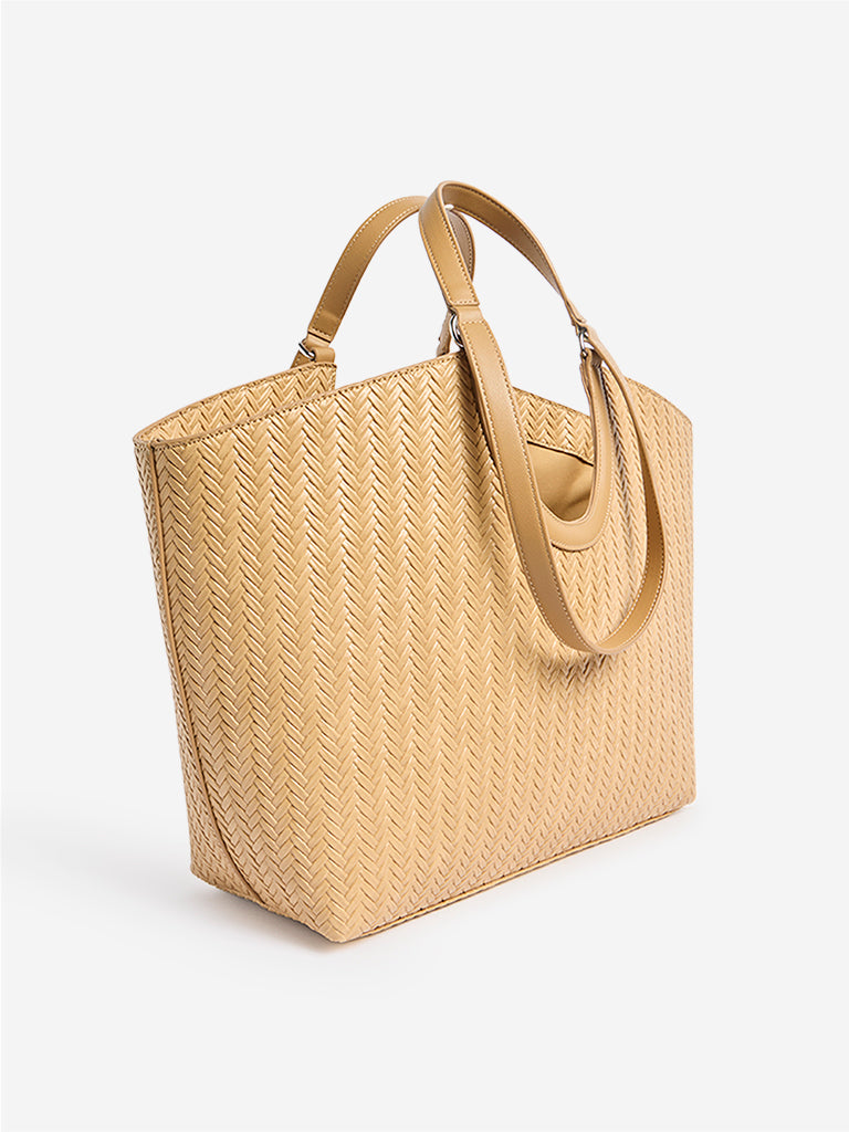 Westside Mustard Woven Textured Handbag with Pouch