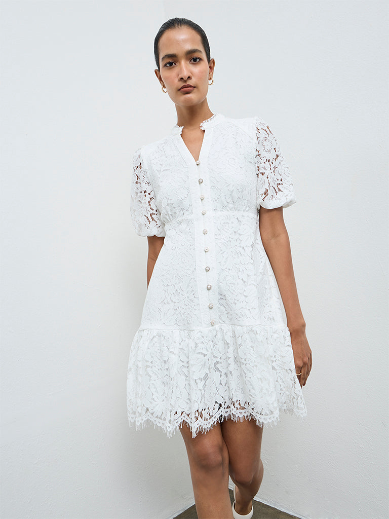 Wardrobe White Floral Lace A-Line Dress