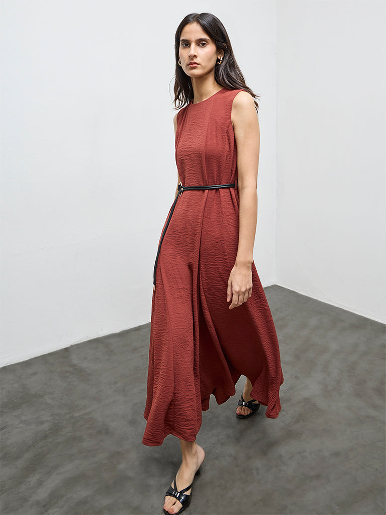 Wardrobe Dark Rust Crinkle-Textured A-Line Dress with Belt