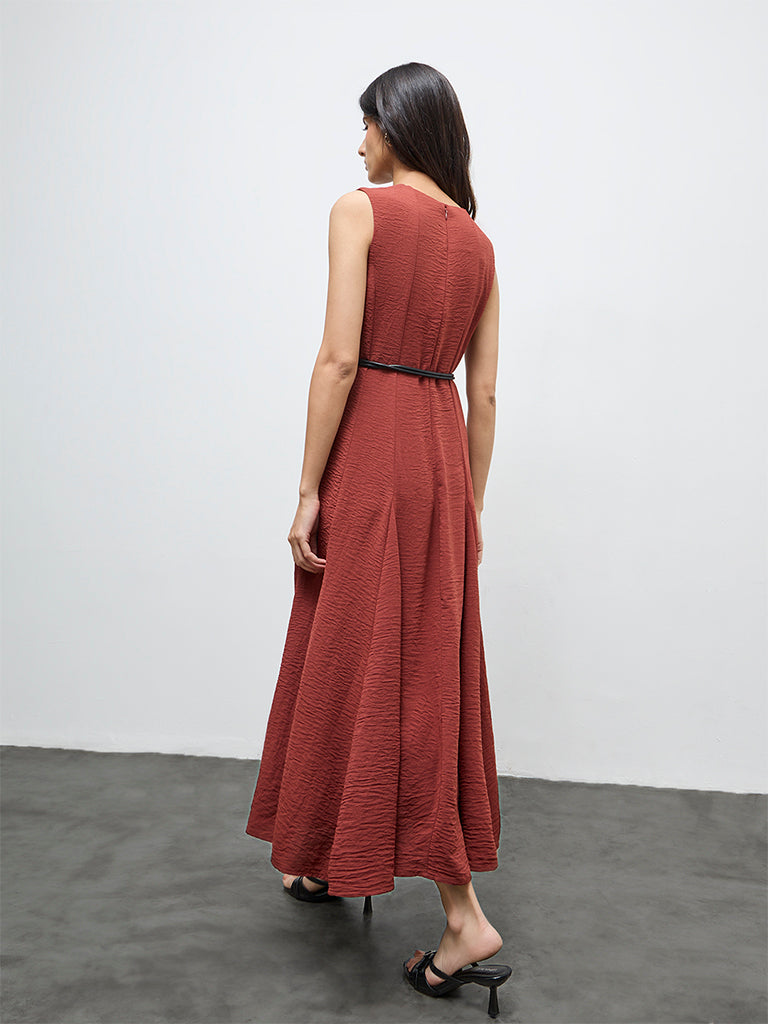 Wardrobe Dark Rust Crinkle-Textured A-Line Dress with Belt