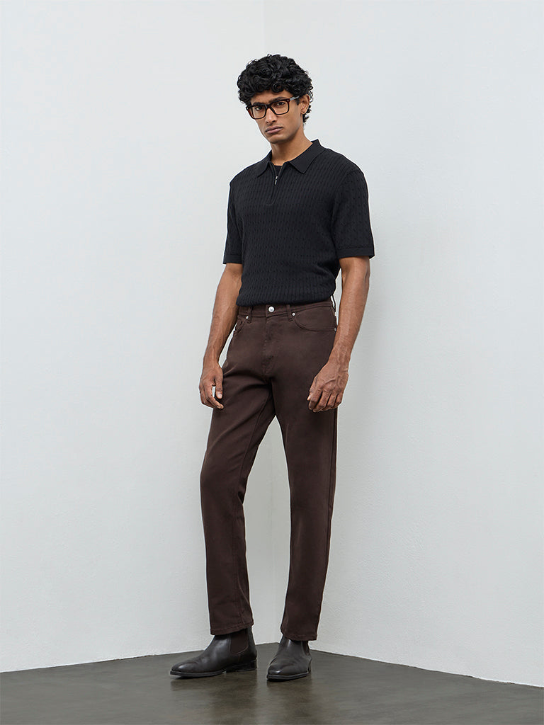 Ascot Black Cable-Knit Relaxed-Fit Cotton Polo T-Shirt